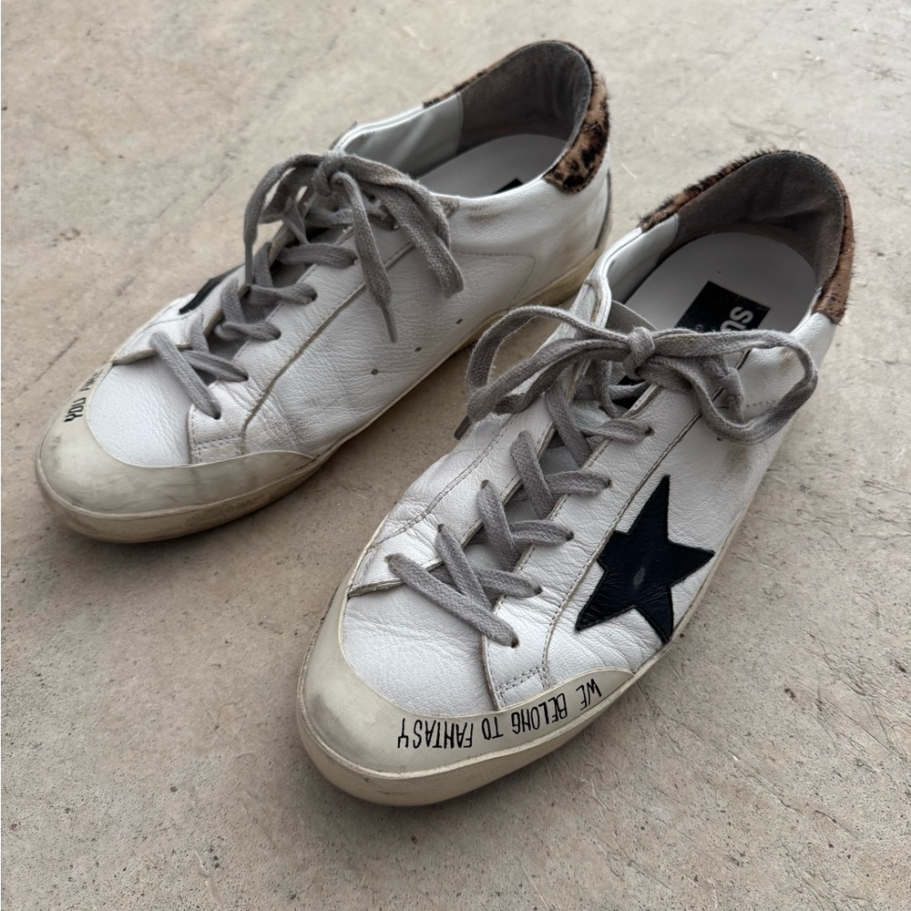 Golden Goose White Shoes Leopard Print Heel Tab & Black Star - NWOT